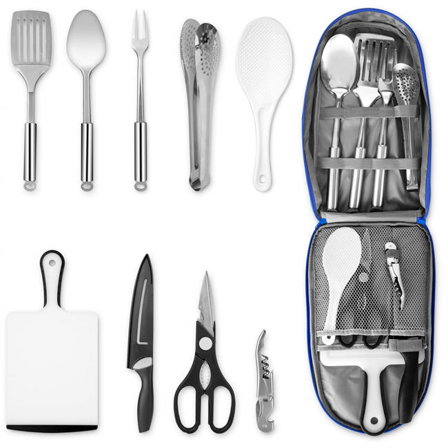        Portable Camping Kitchen Utensil Set, Stainless Steel Outdoor Cooking and Grilling Utensil Organizer Travel Set