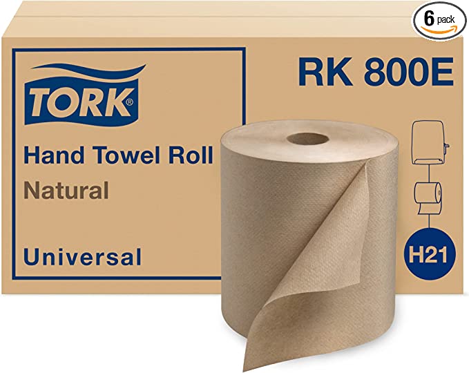 Tork Paper Towel Roll Natural - Universal Hand Roll, Natural Paper Towels with Brown Tissues made of 100% Recycled Fiber, 6 Rolls x 800 ft, Compatible with H21 Dispenser, RK800E