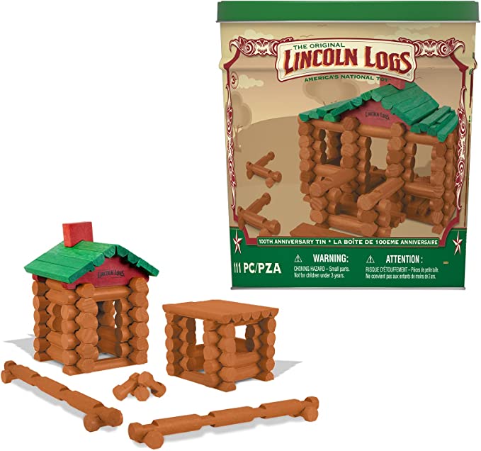 Lincoln Logs – 100th Anniversary Tin, 111 Pieces, Real Wood Logs - Ages 3+ - Best Retro Building Gift Set For Boys/Girls - Creative Construction Engineering - Preschool Education Toy