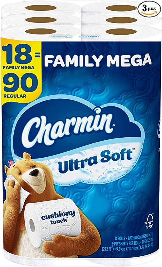 Charmin Ultra Soft Cushiony Touch Toilet Paper, 18 Family Mega Rolls = 90 Regular Rolls, 5634 Sheets Total