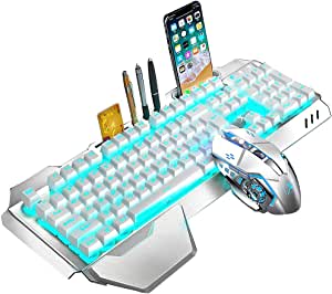 Wireless Keyboard and Mouse,Blue LED Backlit Rechargeable Keyboard Mouse with 3800mAh Battery Metal Panel,Removable Hand Rest Mechanical Feel Keyboard and 7 Color Gaming Mute Mouse for PC Gamers