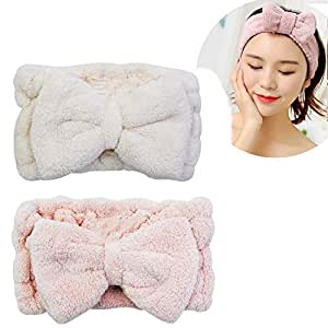 Chloven 2 Pack Microfiber Bowtie Headbands Facial Makeup Headband Cosmetic Bowknot Hairlace Wash Spa Yoga Sports Shower Adjustable Elastic Hair Band for Girls and Women