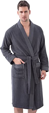 Turkish Cotton Terry Men's Bathrobe - OEKO-TEX® Certified Hooded, Kimono Terry Bathrobe - Long Textured, Rice Weave Trim