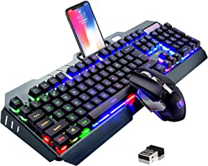 Wireless Gaming Keyboard and Mouse,Rainbow Backlit Rechargeable Keyboard with 3800mAh Battery Metal Panel,Mechanical Feel Keyboard and 7 Color Mute Gaming Mouse for Windows Computer Gamers(Rainbow)