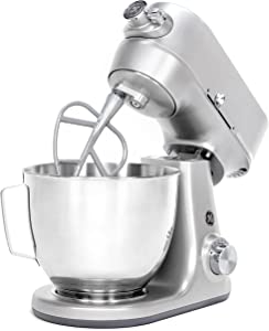 GE Tilt-Head Electric Stand Mixer | 7-Speed, 350-Watt Motor | Includes 5.3-Quart Bowl, Flat Beater, Dough Hook, Wire Whisk & Pouring Shield | Countertop Kitchen Essentials | Granite Gray