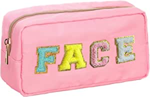 Nylon Preppy Makeup Pouch Bag with Chenille Letter Patches,LenYiNee Waterproof Small Travel Cosmetic Bag Toiletry Bag,Makeup Organizer Travel Accessories Zipper Pouch for Women Teen Girls Gifts-Pink