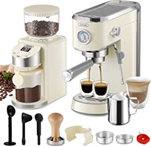 Gevi 20 Bar Compact Professional Espresso Coffee Machine with Milk Frother for Espresso, Latte and Cappuccino with Gevi Burr Coffee Grinder with 35 Precise Grind Settings, Beige