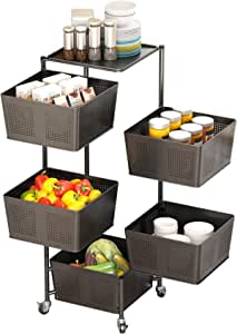 Kitchen Storage Rotatable Rack Floor Living Room Multi-Layer Movable Fruit Vegetable Snack Stand Household Shelf (5F, Black)