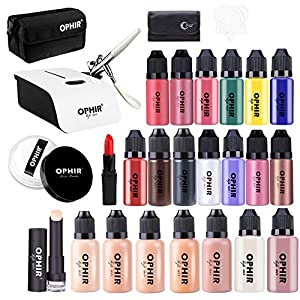 OPHIR 0.3mm Complete Airbrush Makeup System Kit with Mini Air Compressor & 7X 30ML Foundation 13X 10ML Blush Eyeshadow Concealer Loose Powder Set & Bag Cosmetic Set for Movie Stage Makeup