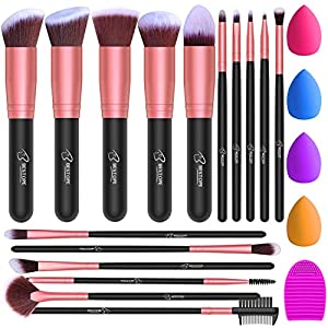 BESTOPE PRO 16Pcs Makeup Brushes Set, 4Pcs Beauty Blender Sponge Set and 1 Brush Cleaner, Premium Synthetic Foundation Brushes Blending Face Powder Eye Shadows Make Up Brushes Kit (Black Rose Gold)