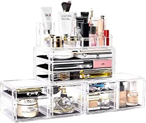 DreamGenius Makeup Organizer 4 Pieces Acrylic Makeup Storage Organizer Box with 9 Drawers for Lipstick Jewerly and Makeup Brushes, Stackable Cosmetic Display Cases for Dresser and Bathroom Countertop