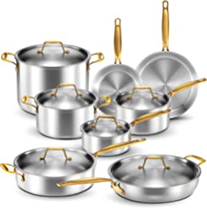 Legend Stainless Steel Cookware Set | 5-Ply Copper Core 14-Piece with Gold Handles | Stainless Steel Pots and Pans Set | Professional Clad, All Kitchen Induction & Oven Safe | PFOA, PTFE & PFOS Free