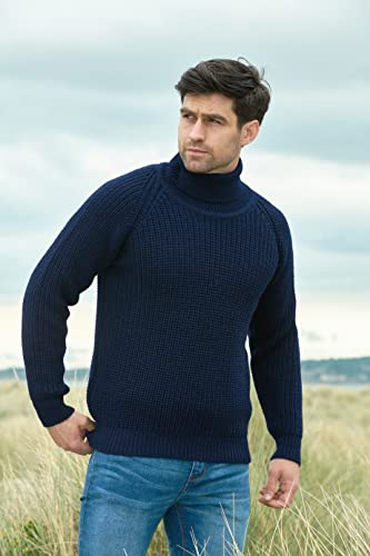 Aran Crafts Men's Irish Cable Knitted Rib Roll Neck Sweater (100% Pure New Wool)